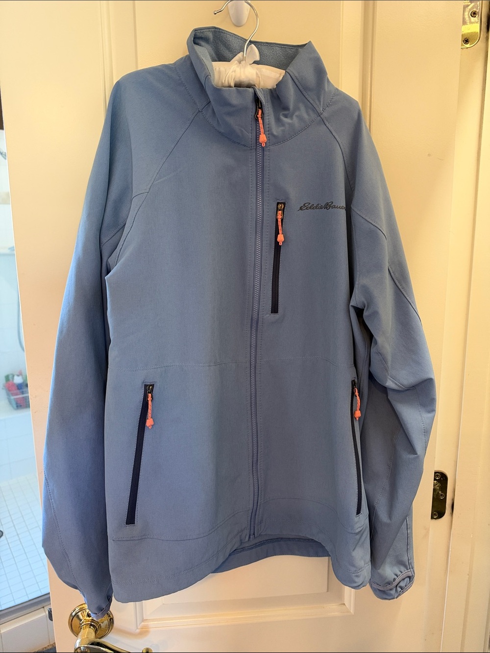 Eddie Bauer Light Blue Softshell Utility Jacket with Coral Zippers